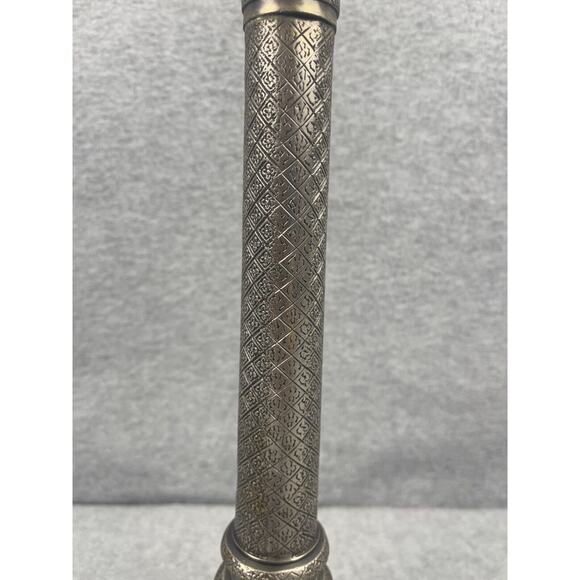 Vintage Pewter Candlestick Heavy 14" Tall Made in India Engraved 4.5" Base - Picture 2 of 7